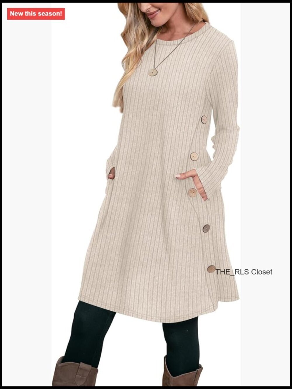 Long Sleeve Tunic Dress with Pockets and Button Details